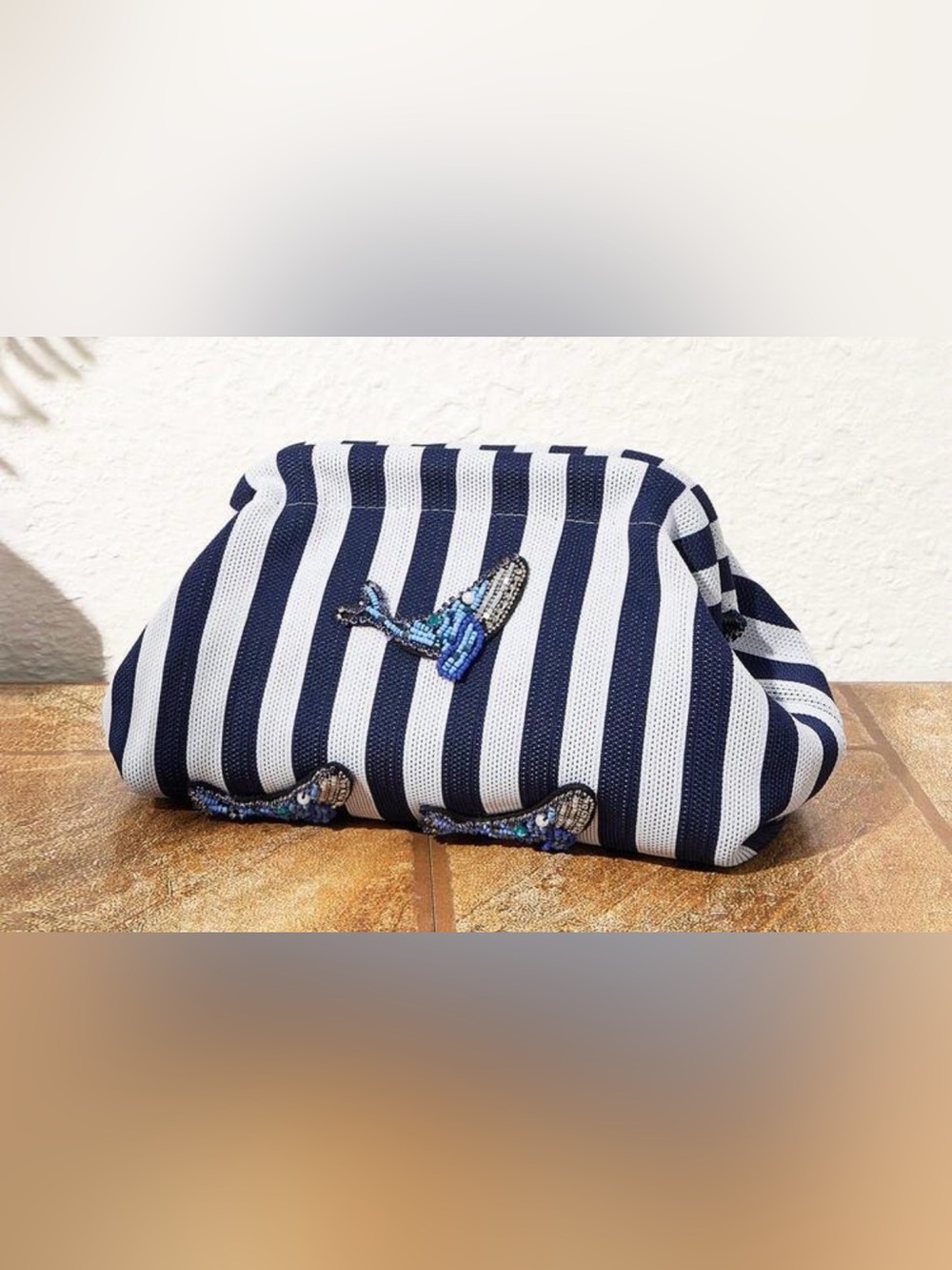 Striped Navy & White Clutch with Beaded Whale Appliqués